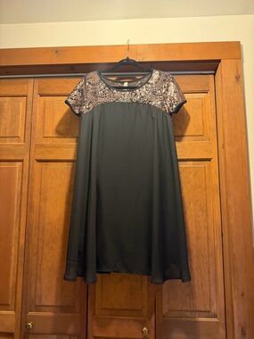 Grace Black Short-Sleeve Mini Dress with Metallic Paisley Bodice